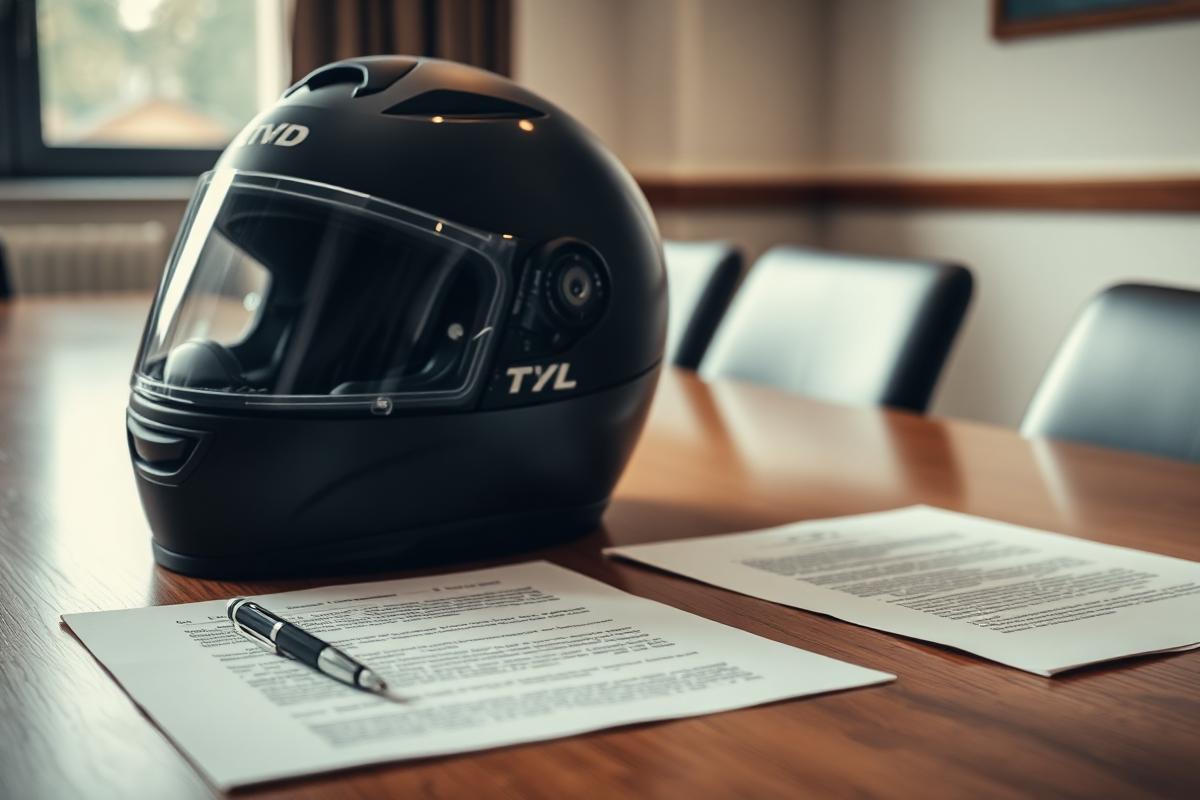 Casque de moto posé sur une table de réunion à côté de dossiers juridiques