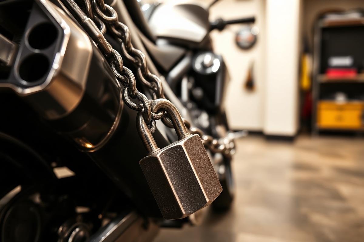 Antivol chaîne verrouillant une moto stationnée en Haute-Corse